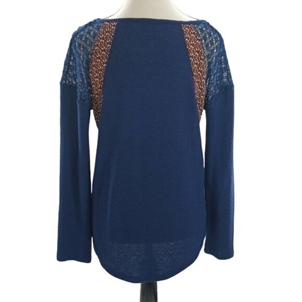 Miss Me Knit Top Blue Lace Geometric Long Sleeve Boho Stretch Womens Size S - Picture 4 of 6